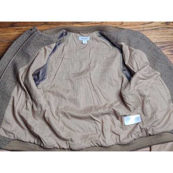 Fossil Mens Medium Bomber Jacket Brown Snap Up Full Zip Wool Silk Nylon C1 - Picture 3 of 8